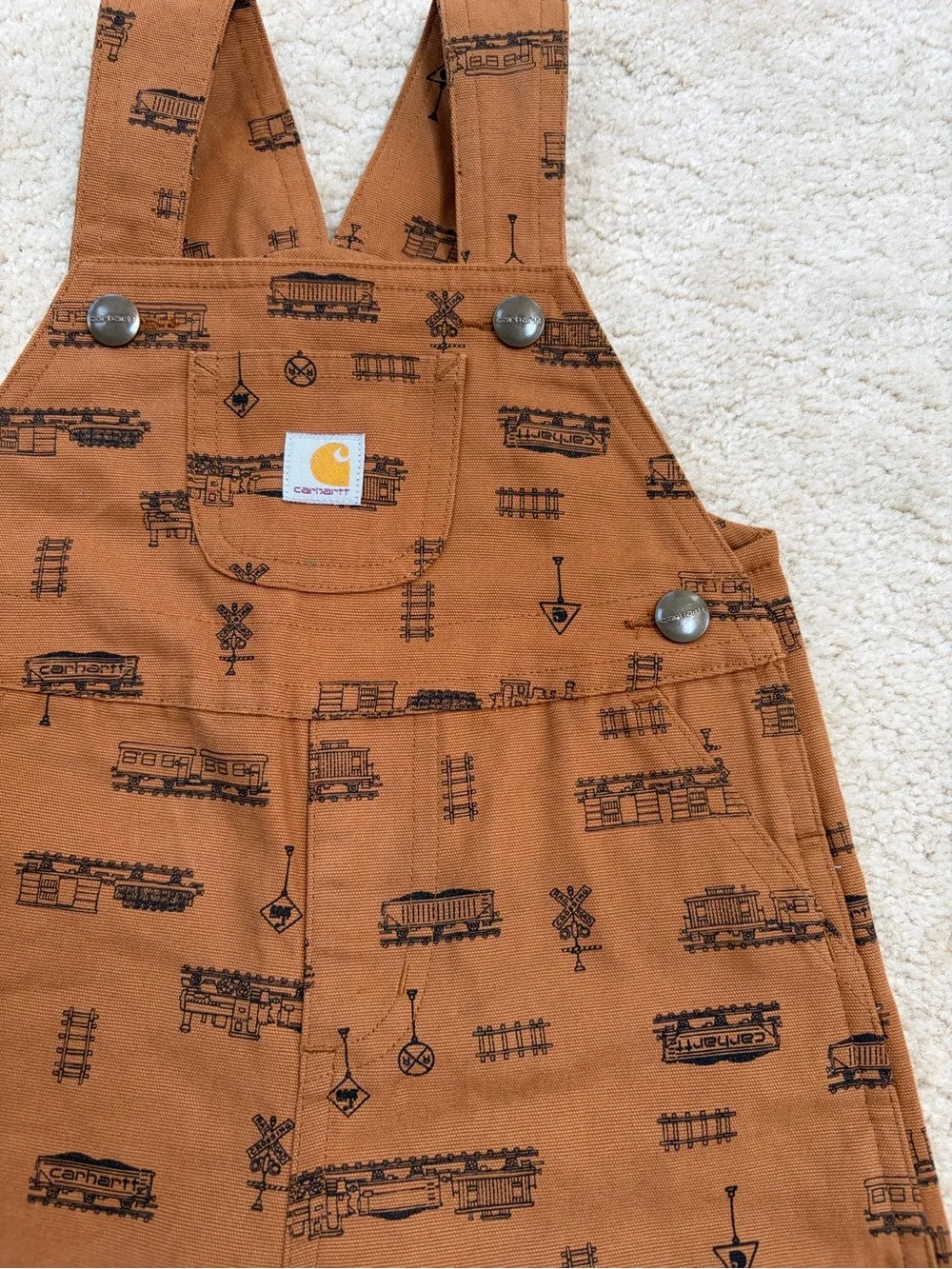 Carhartt Size 12 Months Brown Train Railroad Crossing Canvas Bib Overalls